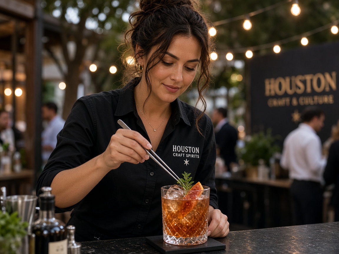 Female bartender garnishing an amber craft cocktail at an outdoor evening event in Houston
