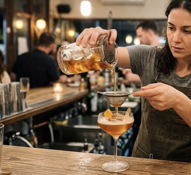 Female bartender straining an amber craft cocktail into a coupe glass at an upscale Houston private party
