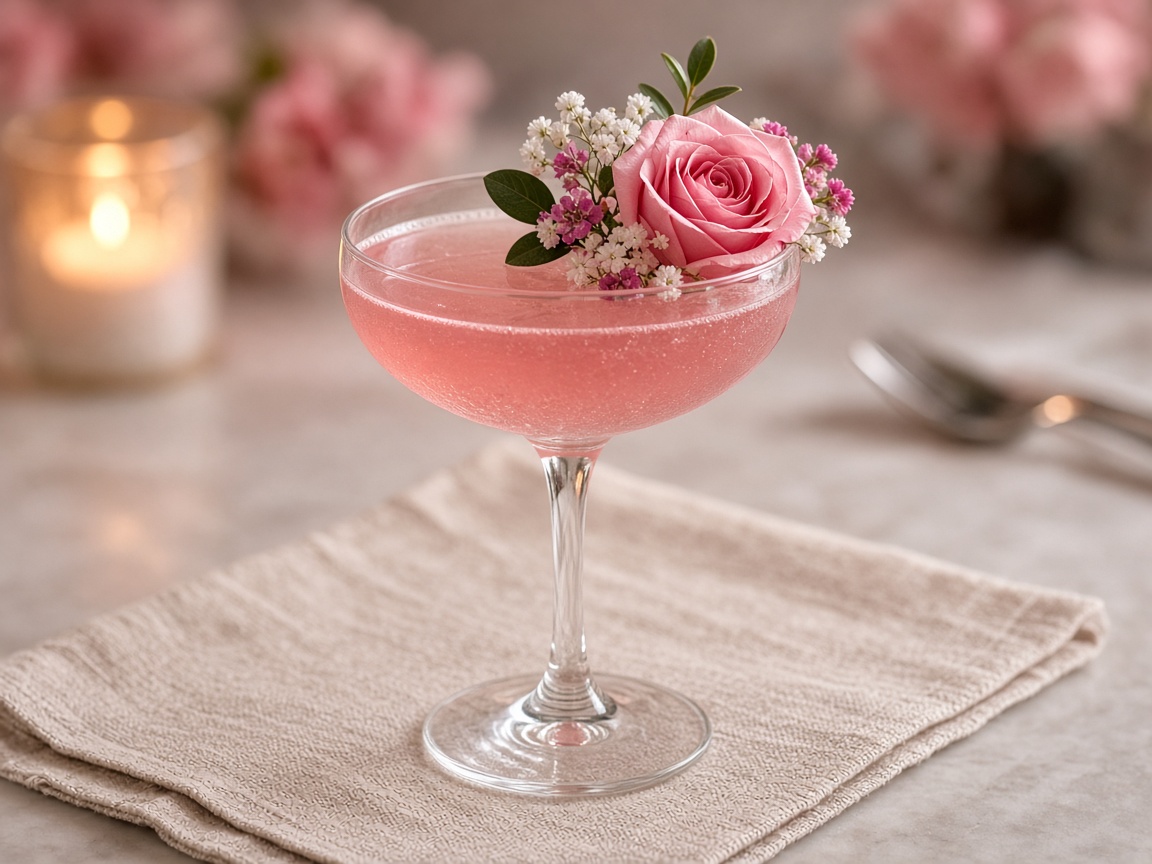 Luxury pink craft cocktail with floral garnish