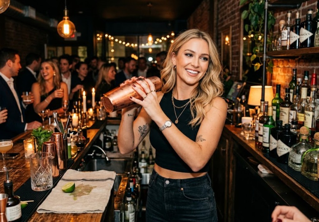 Smiling female bartender holding a copper cocktail shaker at a candlelit Houston party