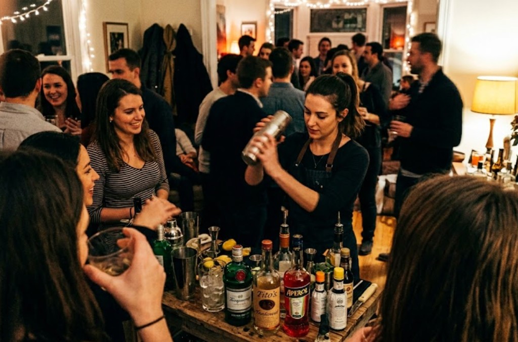 Bartender shaking cocktails at a packed indoor Houston house party with string lights and a lively crowd