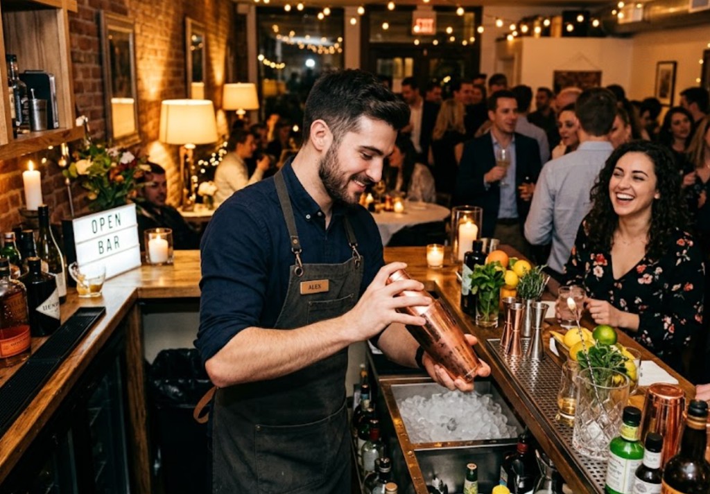 Skilled male bartender shaking craft cocktails at an elegant Houston event with happy guests and string lights