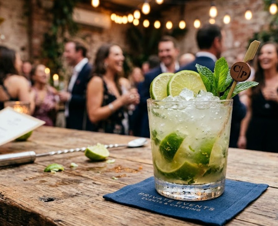 Fresh lime and mint cocktail at a private Houston event with string lights