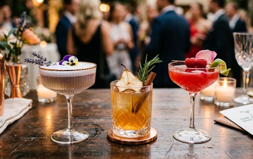 Three artisan craft cocktails lined up on a wooden bar at a Houston private event