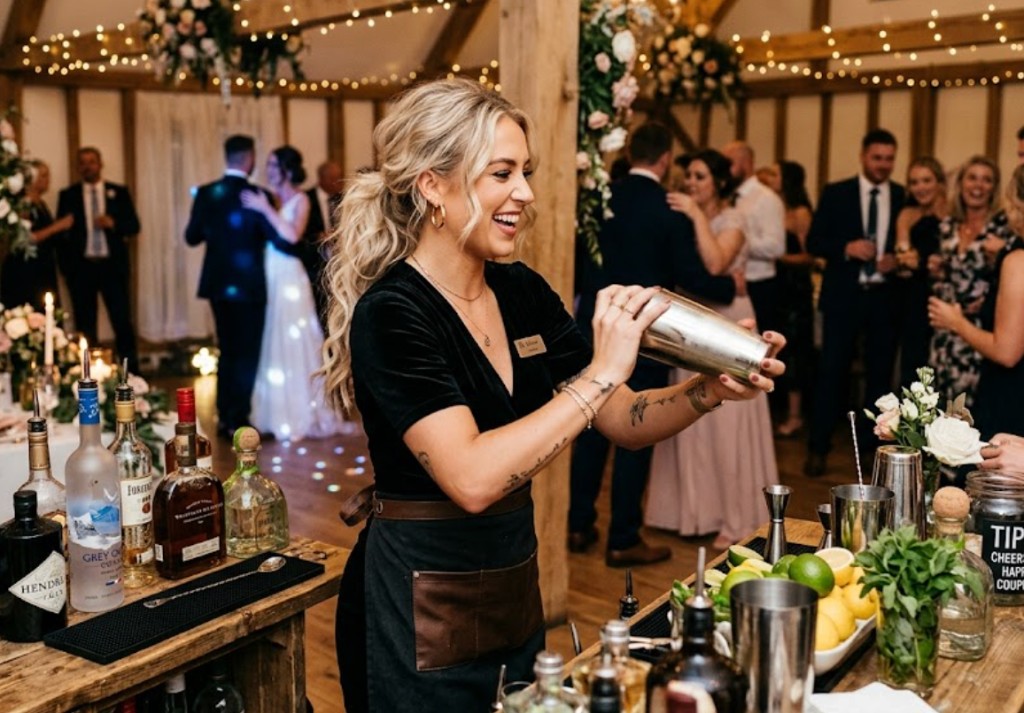 Wedding bartender shaking cocktails at a stunning Texas barn venue with couples dancing and floral arrangements